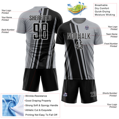 Custom Gray Black-White Lines Sports Sublimation Soccer Uniform Jersey