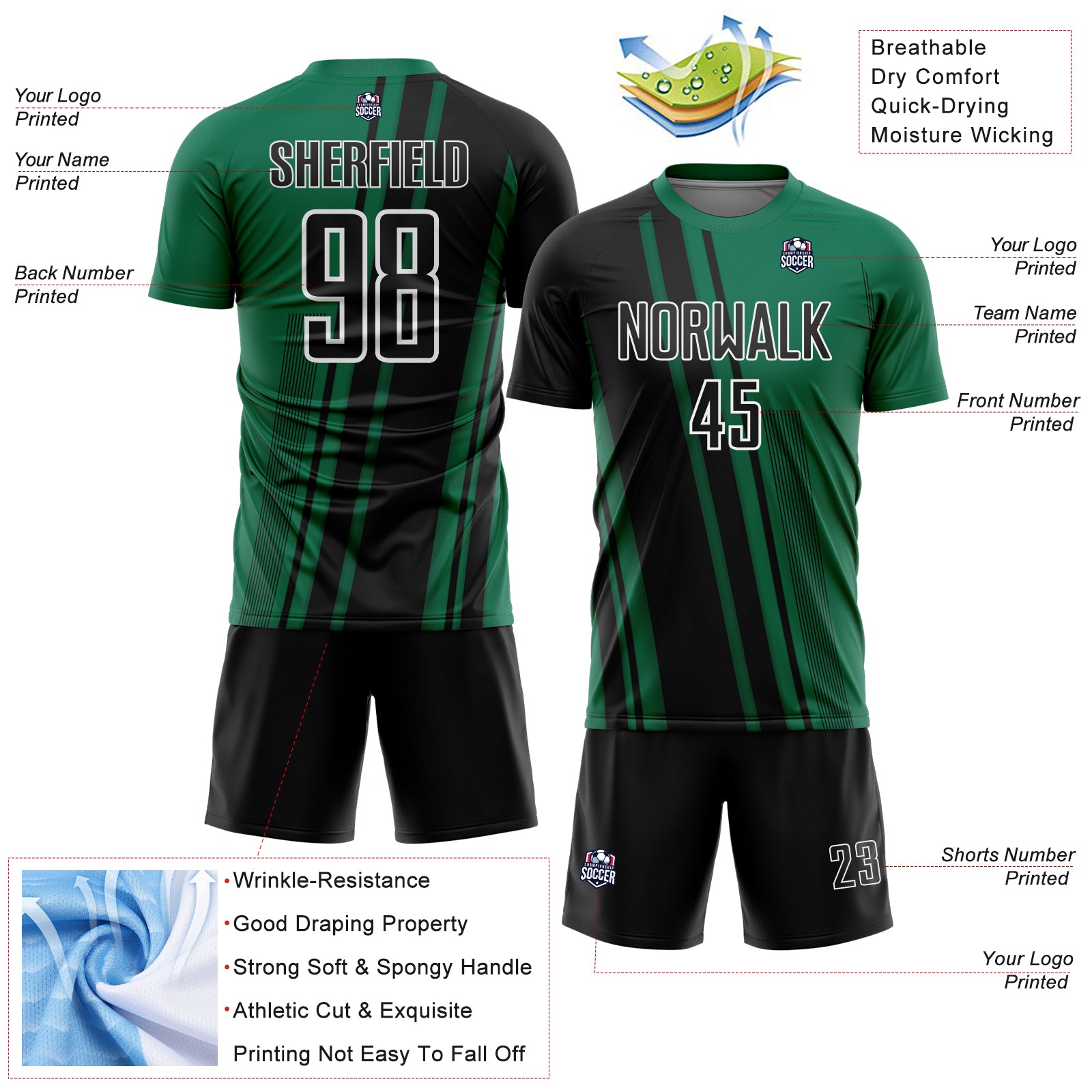 Custom Kelly Green Black-White Lines Sports Sublimation Soccer Uniform Jersey