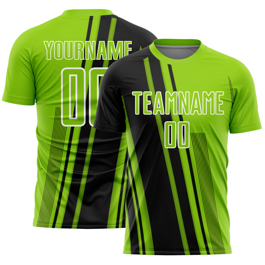 Custom Neon Green Black-White Lines Sports Sublimation Soccer Uniform Jersey