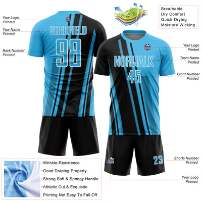 Custom Sky Blue Black-White Lines Sports Sublimation Soccer Uniform Jersey