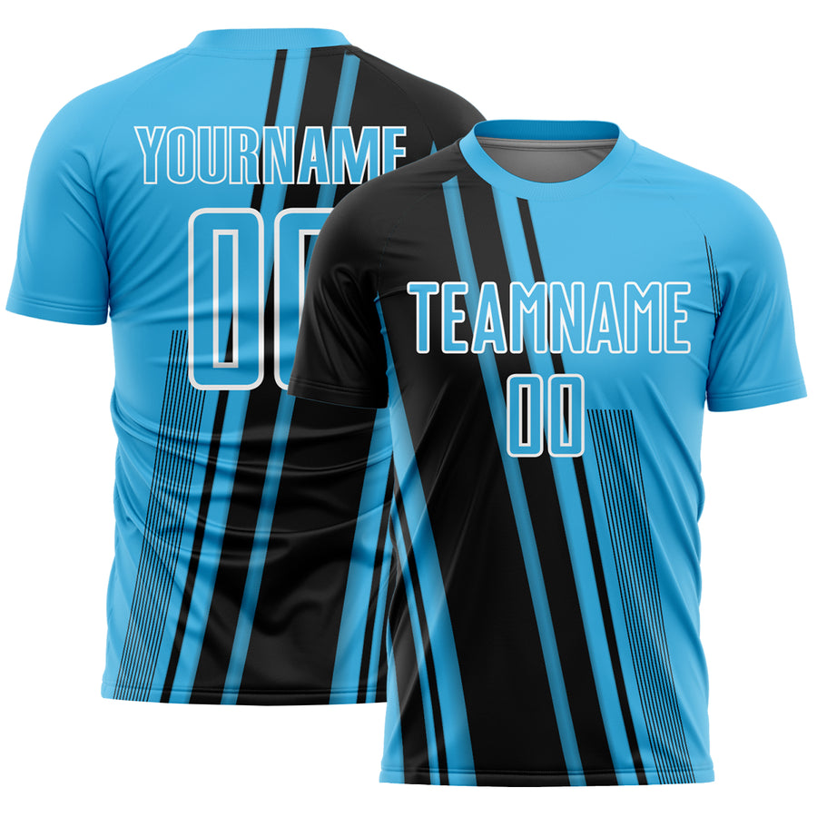 Custom Sky Blue Black-White Lines Sports Sublimation Soccer Uniform Jersey