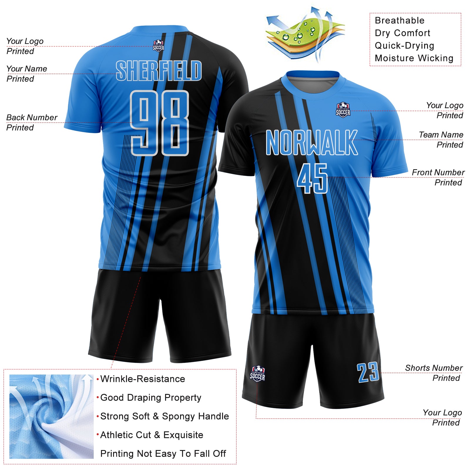 Custom Powder Blue Black-White Lines Sports Sublimation Soccer Uniform Jersey