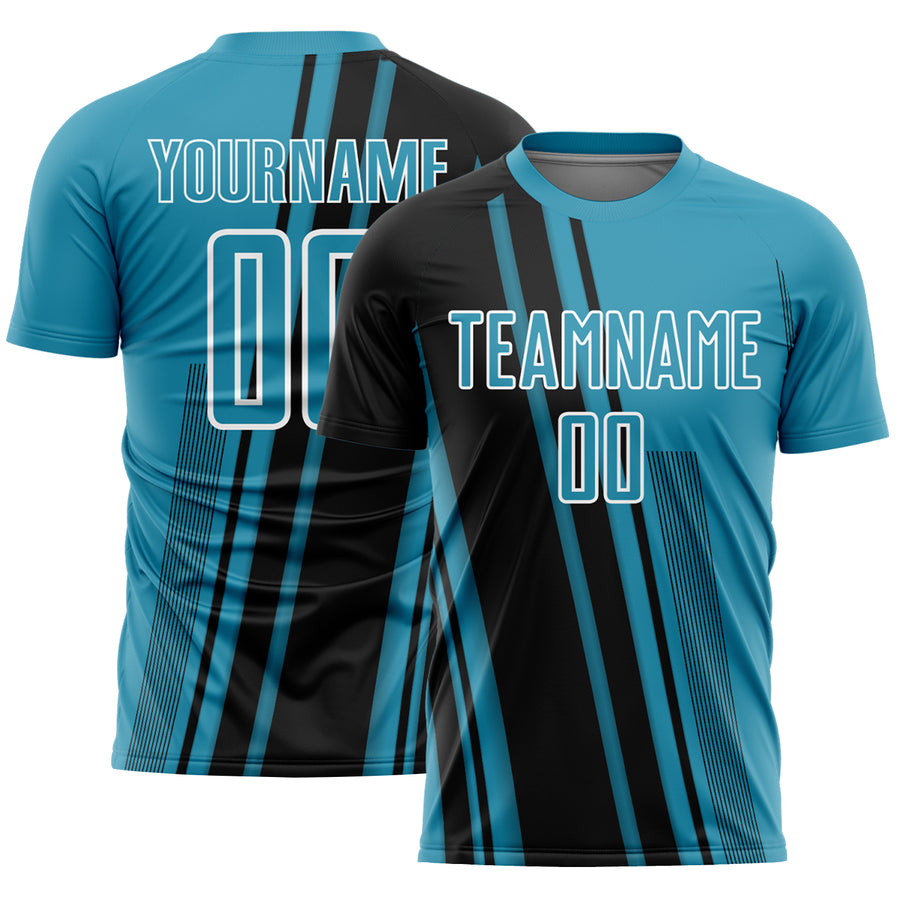 Custom Panther Blue Black-White Lines Sports Sublimation Soccer Uniform Jersey