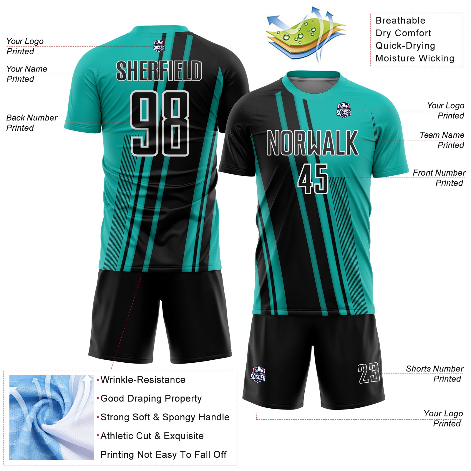 Custom Aqua Black-White Lines Sports Sublimation Soccer Uniform Jersey