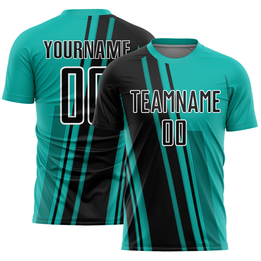 Custom Aqua Black-White Lines Sports Sublimation Soccer Uniform Jersey