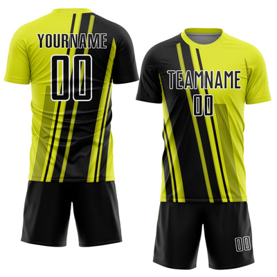 Custom Neon Yellow Black-White Lines Sports Sublimation Soccer Uniform Jersey