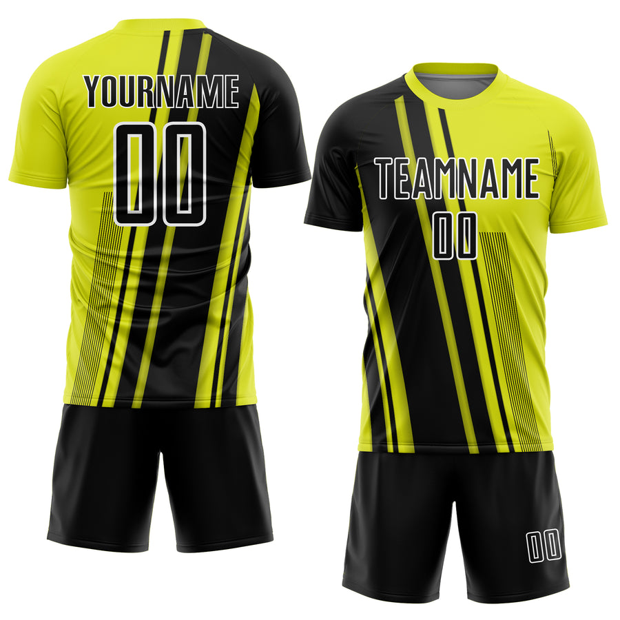 Custom Neon Yellow Black-White Lines Sports Sublimation Soccer Uniform Jersey