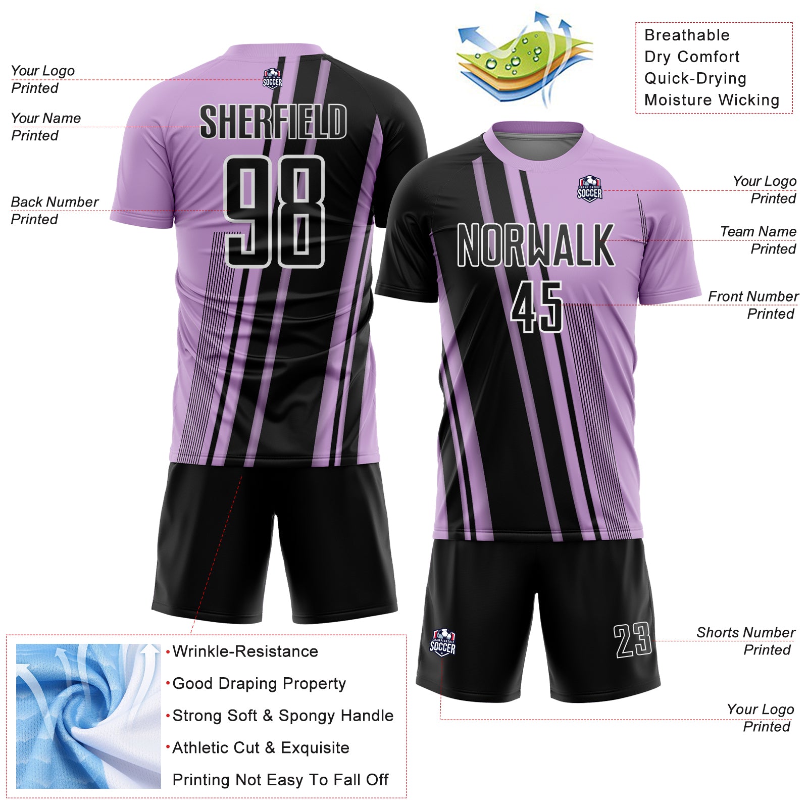 Custom Light Purple Black-White Lines Sports Sublimation Soccer Uniform Jersey