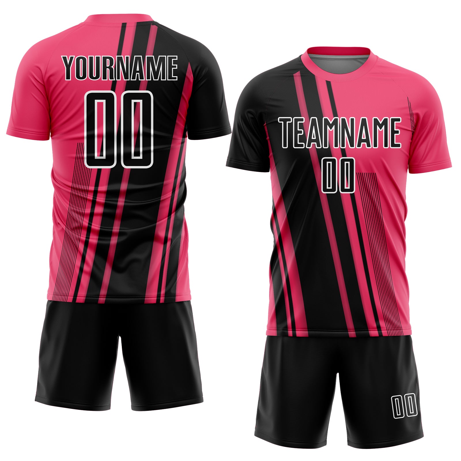 Custom Neon Pink Black-White Lines Sports Sublimation Soccer Uniform Jersey