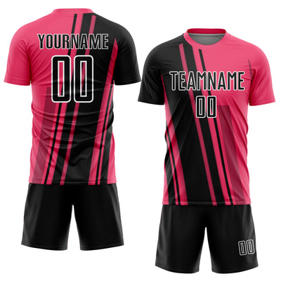 Custom Neon Pink Black-White Lines Sports Sublimation Soccer Uniform Jersey