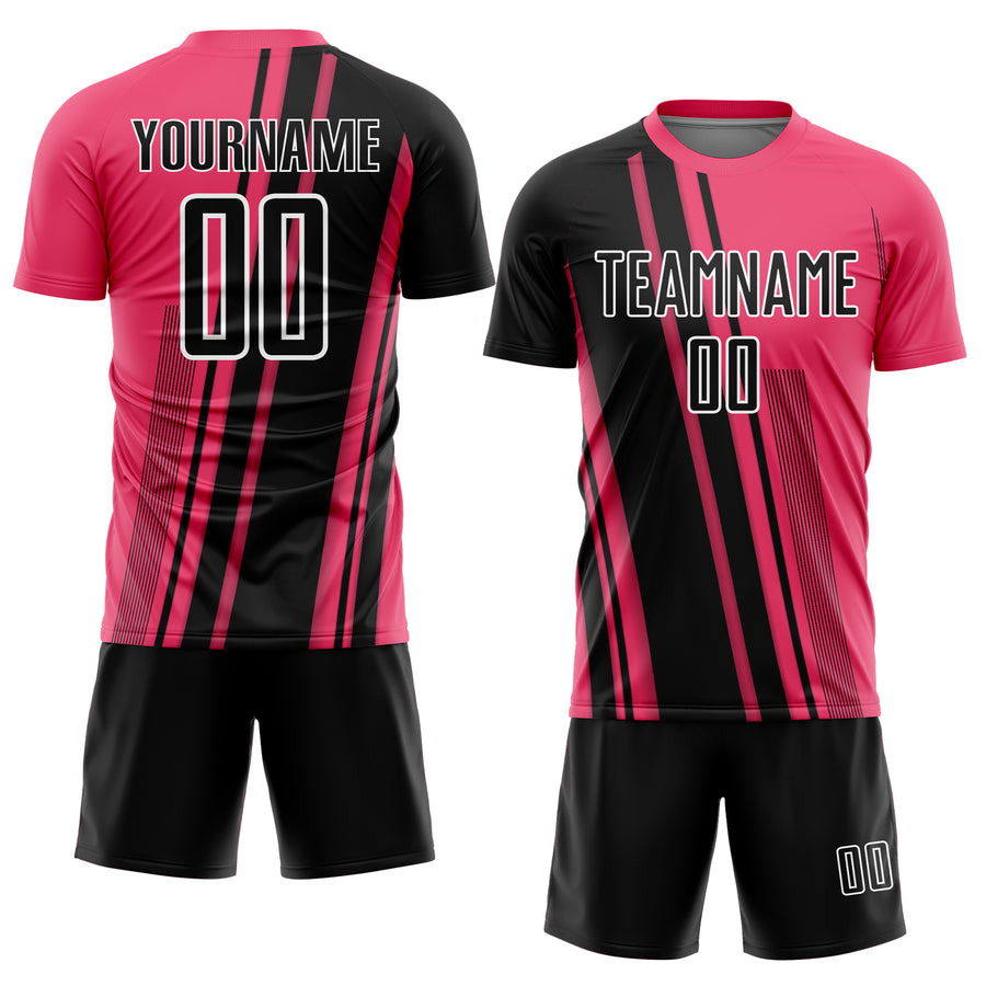 Custom Neon Pink Black-White Lines Sports Sublimation Soccer Uniform Jersey