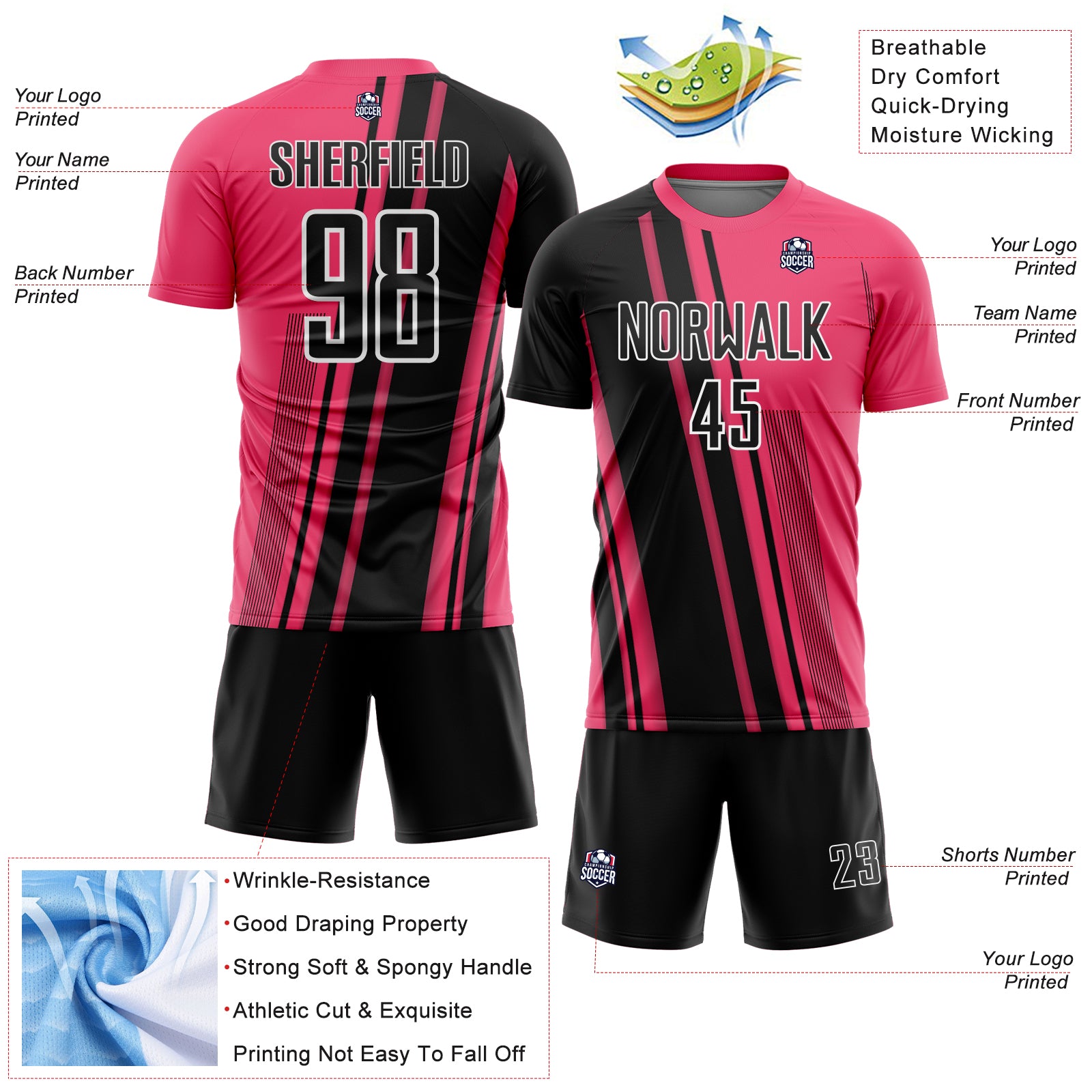 Custom Neon Pink Black-White Lines Sports Sublimation Soccer Uniform Jersey