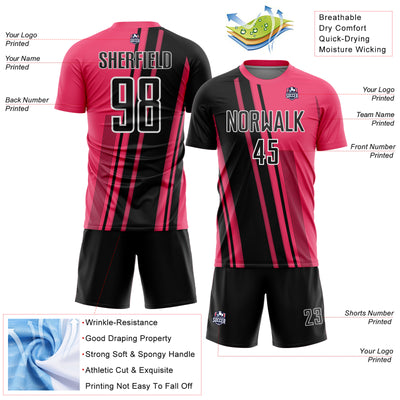 Custom Neon Pink Black-White Lines Sports Sublimation Soccer Uniform Jersey