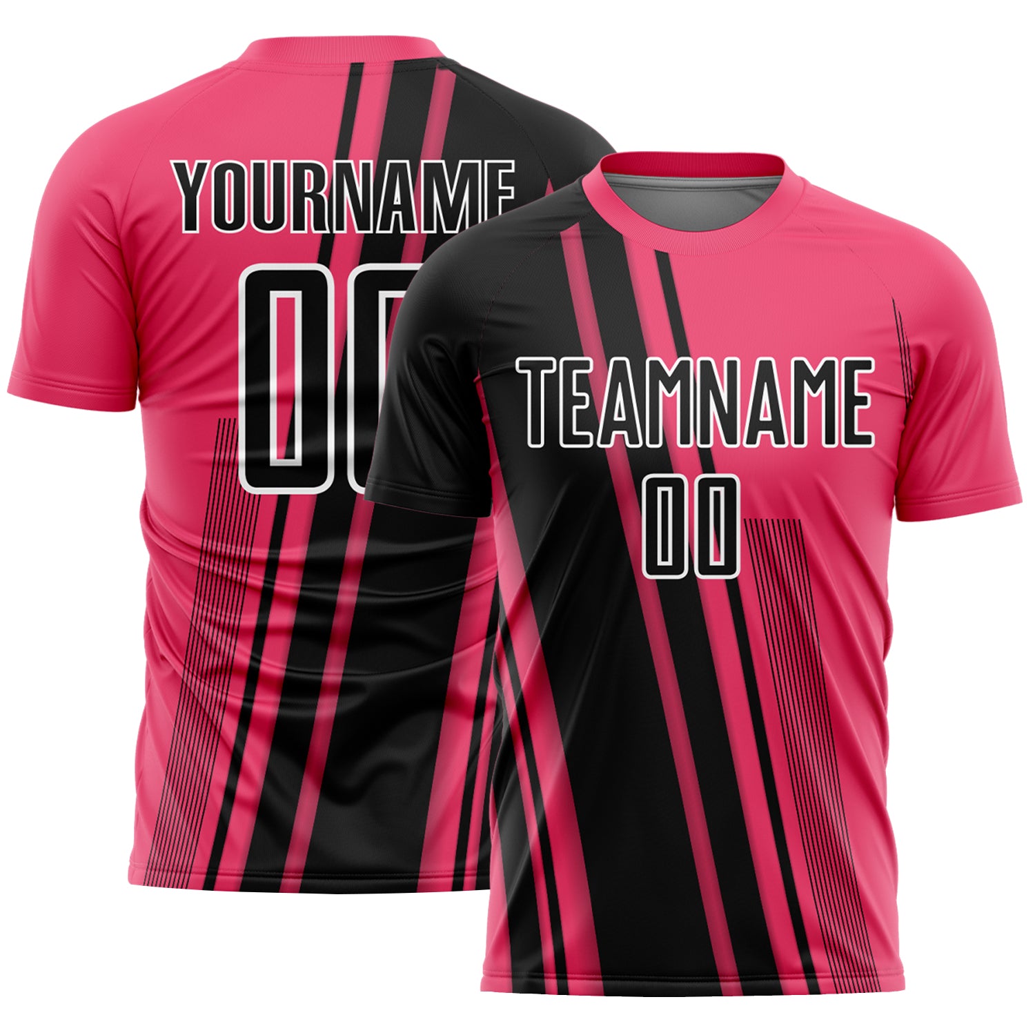 Custom Neon Pink Black-White Lines Sports Sublimation Soccer Uniform Jersey