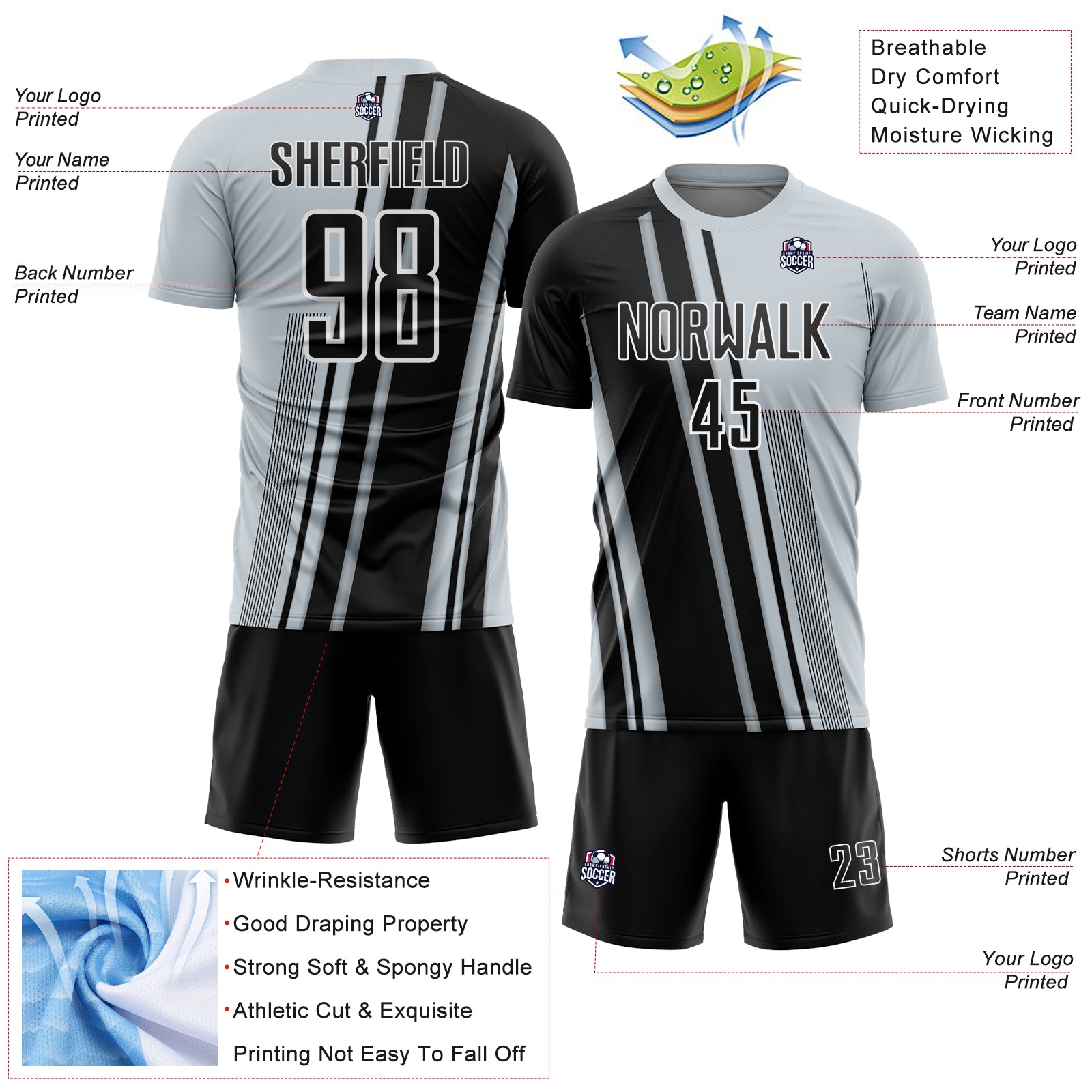 Custom Silver Black-White Lines Sports Sublimation Soccer Uniform Jersey