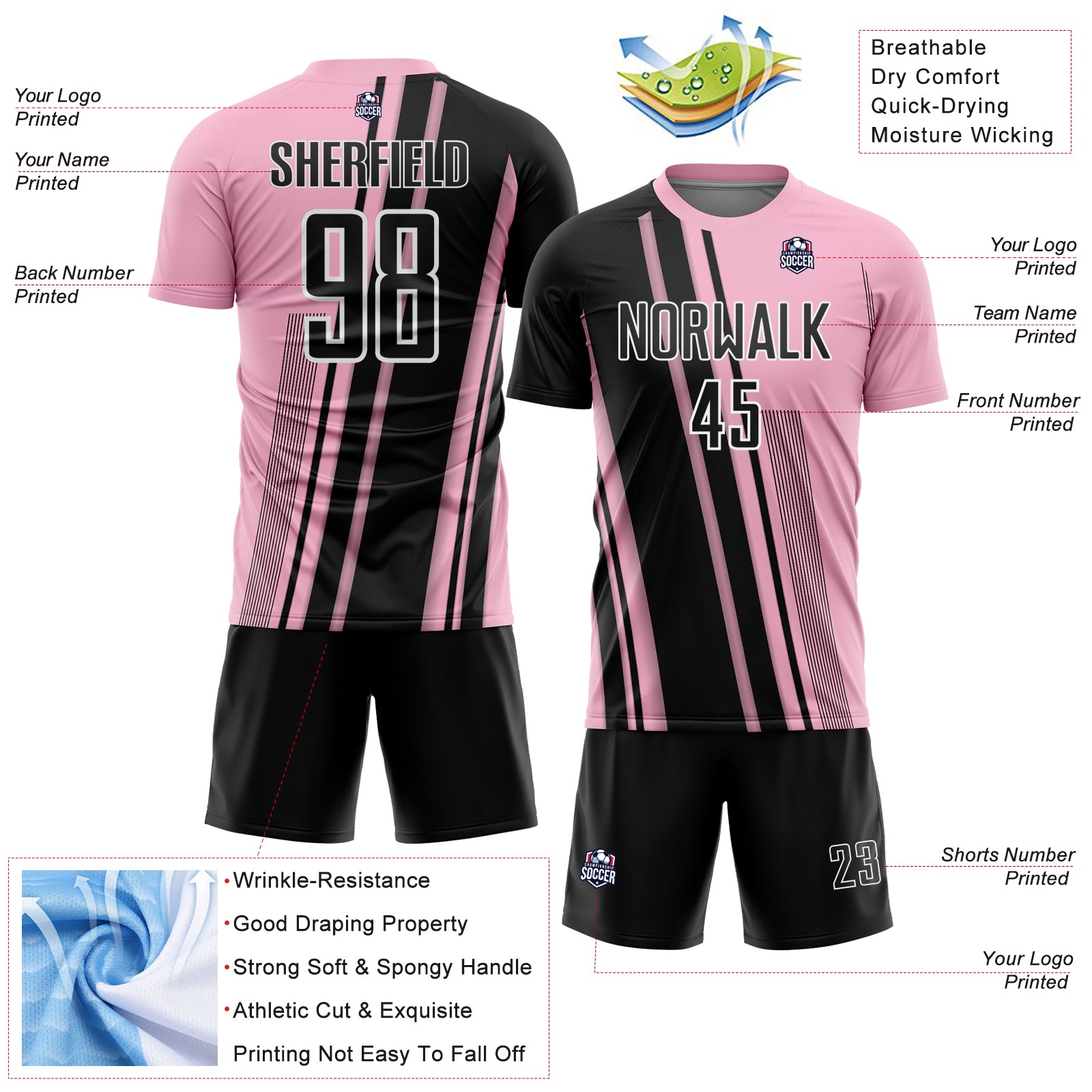 Custom Light Pink Black-White Lines Sports Sublimation Soccer Uniform Jersey