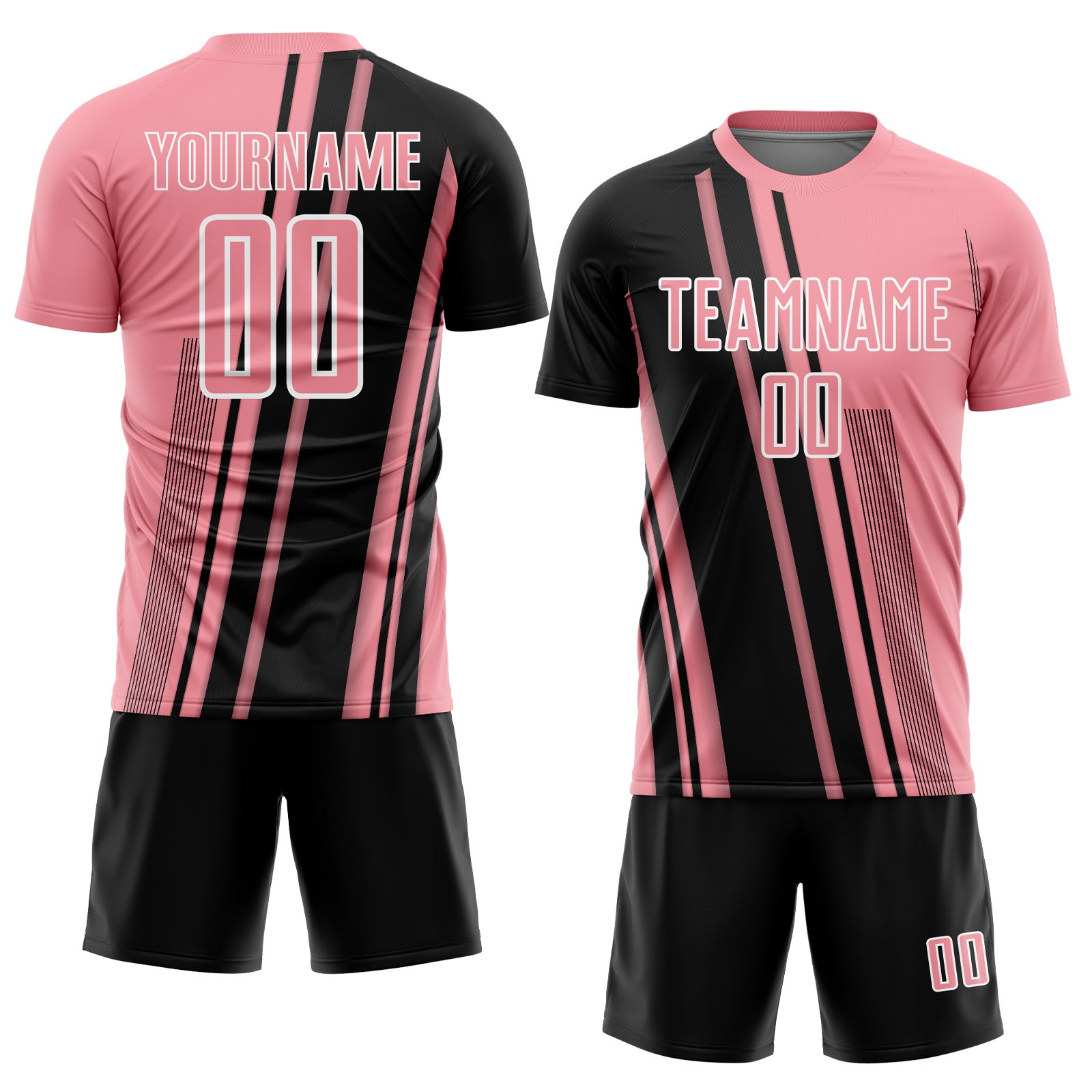 Custom Medium Pink Black-White Lines Sports Sublimation Soccer Uniform Jersey