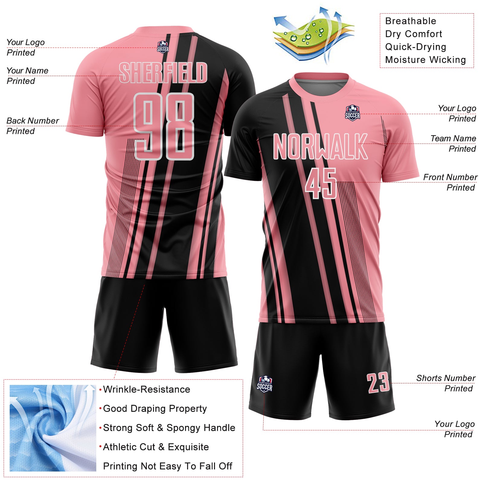Custom Medium Pink Black-White Lines Sports Sublimation Soccer Uniform Jersey