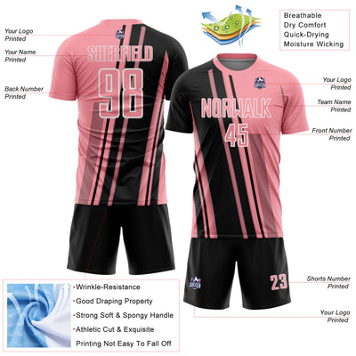 Custom Medium Pink Black-White Lines Sports Sublimation Soccer Uniform Jersey