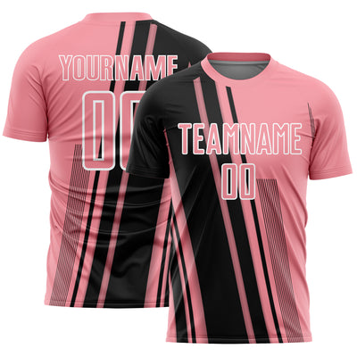 Custom Medium Pink Black-White Lines Sports Sublimation Soccer Uniform Jersey