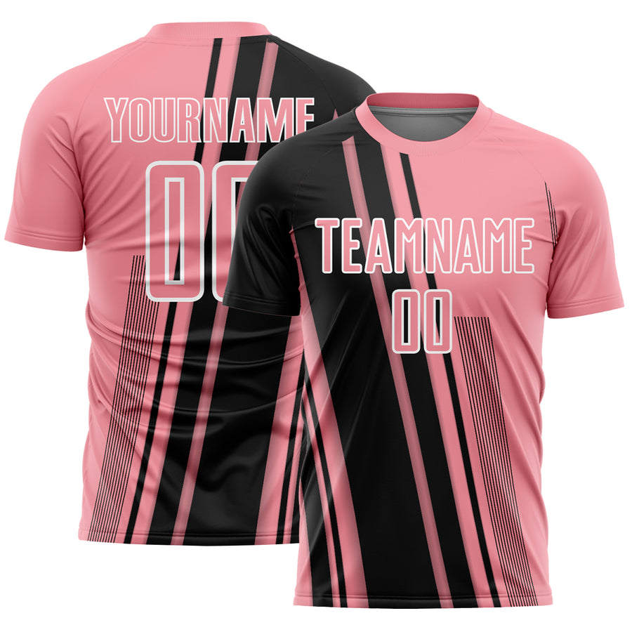 Custom Medium Pink Black-White Lines Sports Sublimation Soccer Uniform Jersey