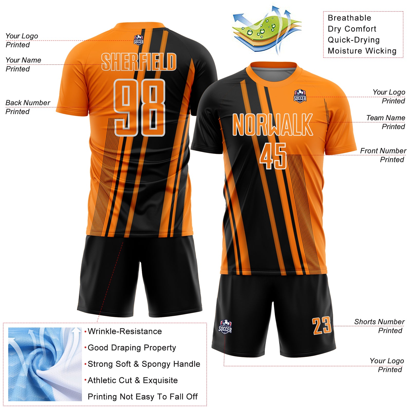 Custom Bay Orange Black-White Lines Sports Sublimation Soccer Uniform Jersey