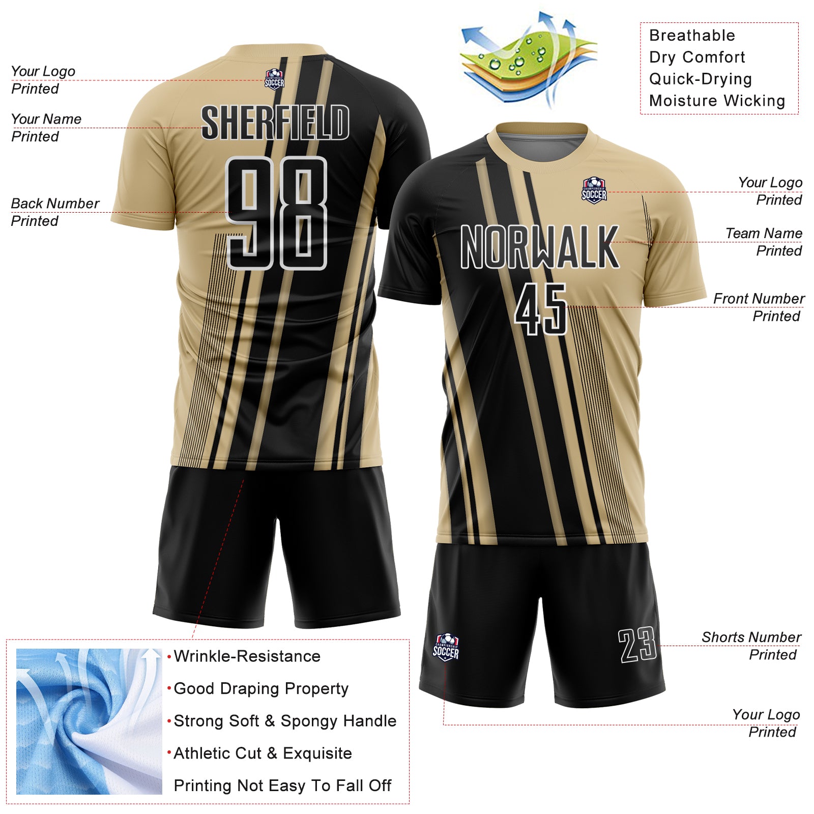 Custom Vegas Gold Black-White Lines Sports Sublimation Soccer Uniform Jersey