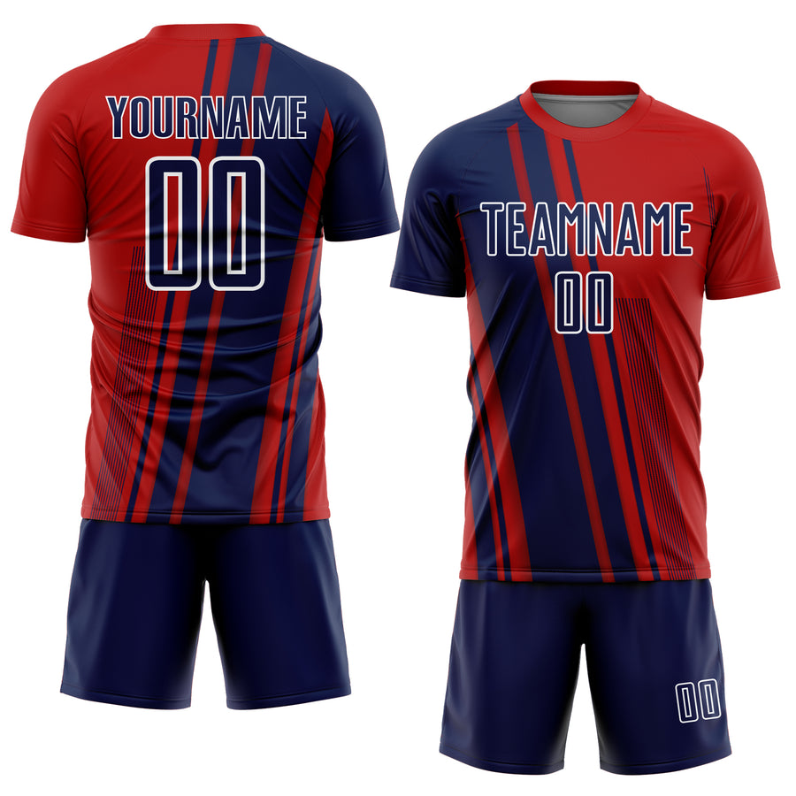 Custom Red Navy-White Lines Sports Sublimation Soccer Uniform Jersey