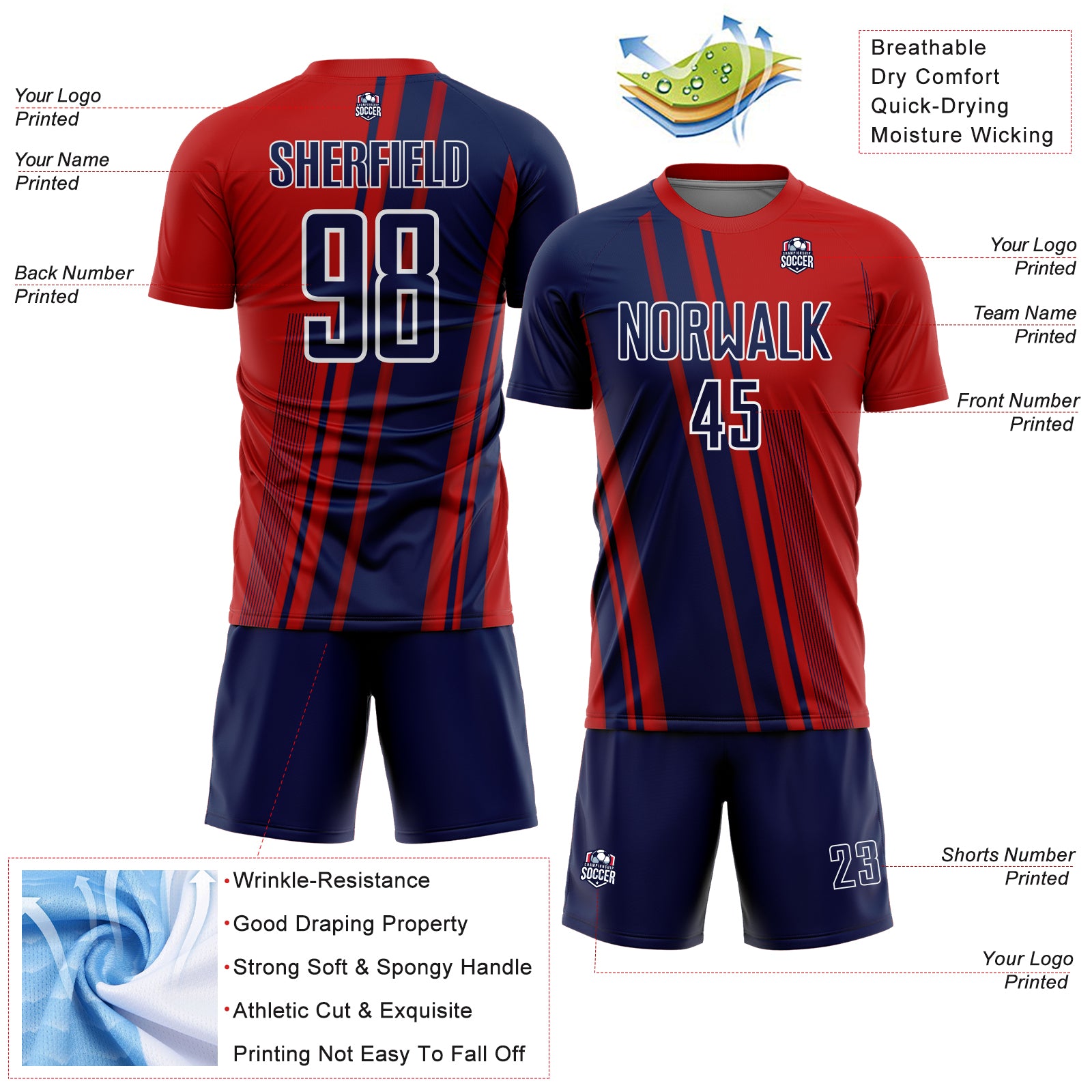 Custom Red Navy-White Lines Sports Sublimation Soccer Uniform Jersey