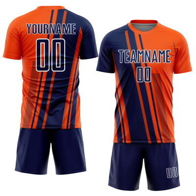 Custom Orange Navy-White Lines Sports Sublimation Soccer Uniform Jersey