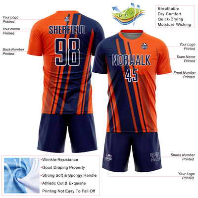 Custom Orange Navy-White Lines Sports Sublimation Soccer Uniform Jersey