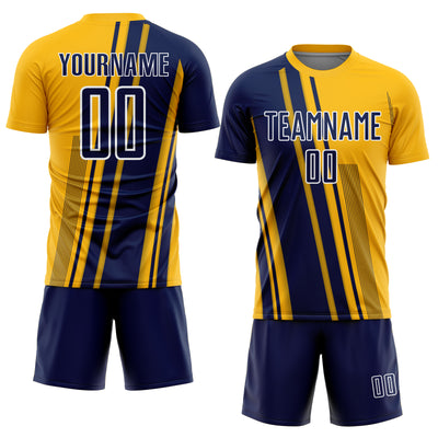 Custom Gold Navy-White Lines Sports Sublimation Soccer Uniform Jersey