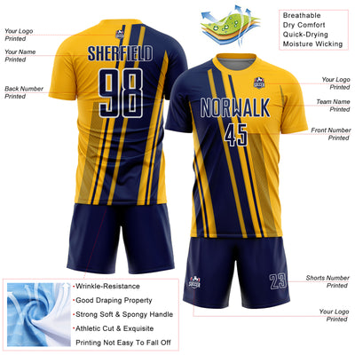 Custom Gold Navy-White Lines Sports Sublimation Soccer Uniform Jersey
