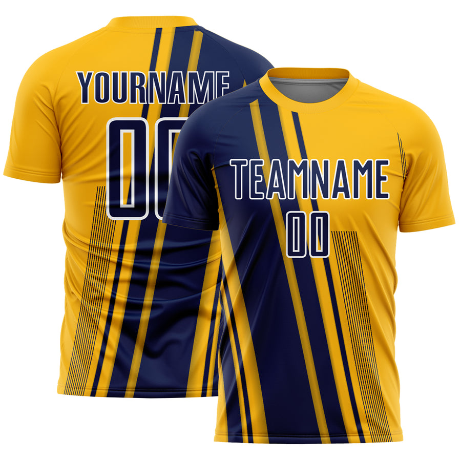 Custom Gold Navy-White Lines Sports Sublimation Soccer Uniform Jersey
