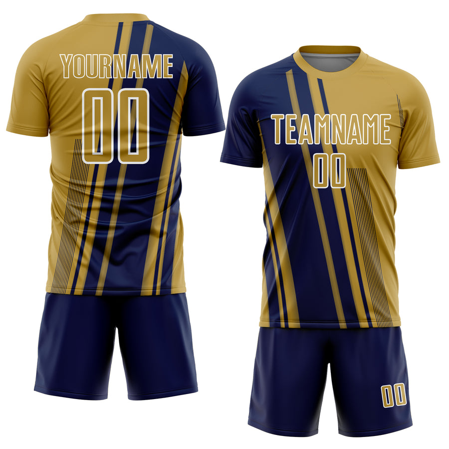 Custom Old Gold Navy-White Lines Sports Sublimation Soccer Uniform Jersey