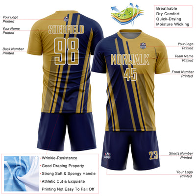 Custom Old Gold Navy-White Lines Sports Sublimation Soccer Uniform Jersey