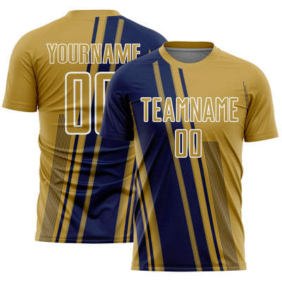 Custom Old Gold Navy-White Lines Sports Sublimation Soccer Uniform Jersey