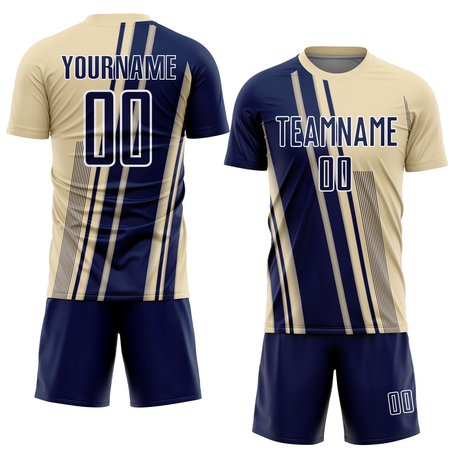 Custom Cream Navy-White Lines Sports Sublimation Soccer Uniform Jersey