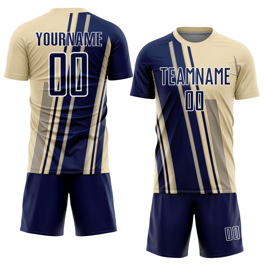 Custom Cream Navy-White Lines Sports Sublimation Soccer Uniform Jersey