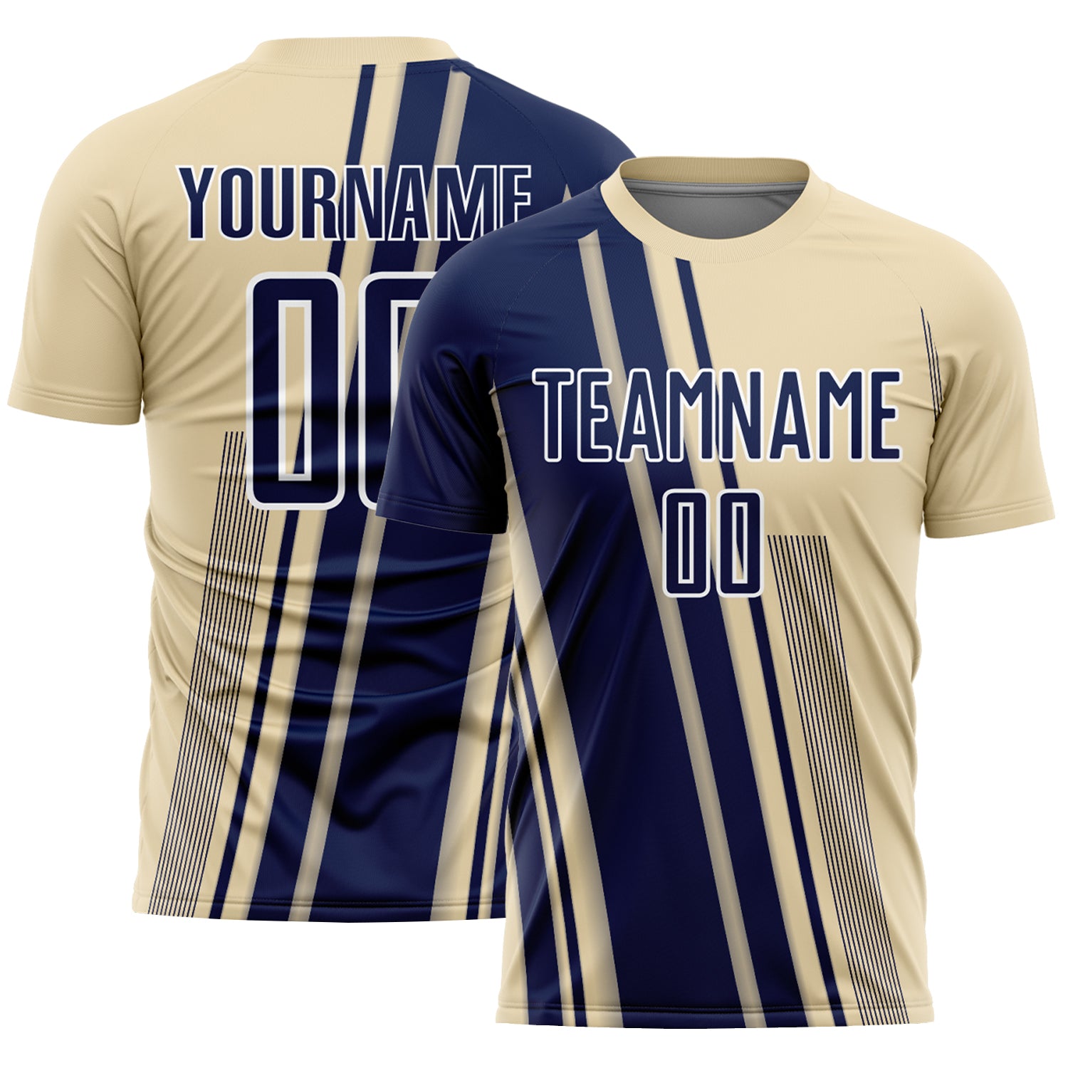 Custom Cream Navy-White Lines Sports Sublimation Soccer Uniform Jersey