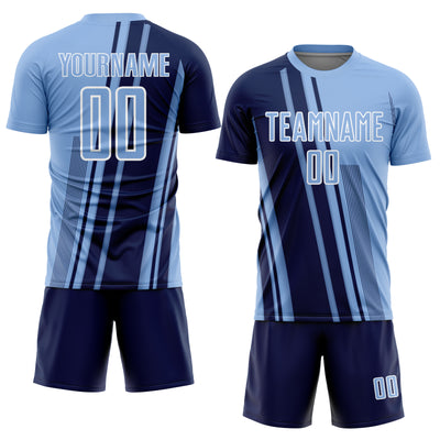 Custom Light Blue Navy-White Lines Sports Sublimation Soccer Uniform Jersey