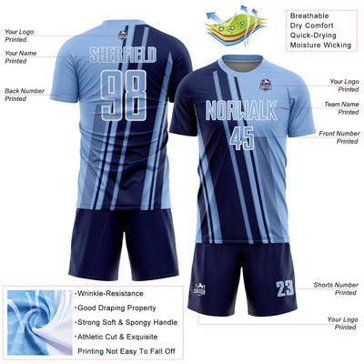 Custom Light Blue Navy-White Lines Sports Sublimation Soccer Uniform Jersey