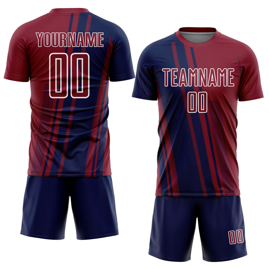 Custom Crimson Navy-White Lines Sports Sublimation Soccer Uniform Jersey