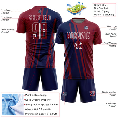 Custom Crimson Navy-White Lines Sports Sublimation Soccer Uniform Jersey