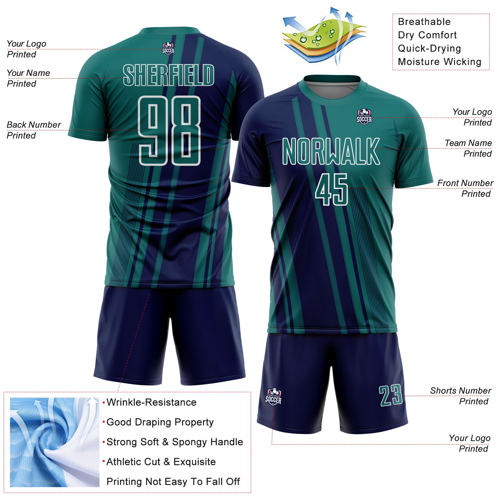 Custom Teal Navy-White Lines Sports Sublimation Soccer Uniform Jersey