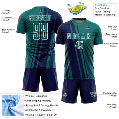 Custom Teal Navy-White Lines Sports Sublimation Soccer Uniform Jersey