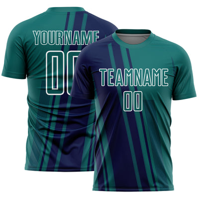 Custom Teal Navy-White Lines Sports Sublimation Soccer Uniform Jersey