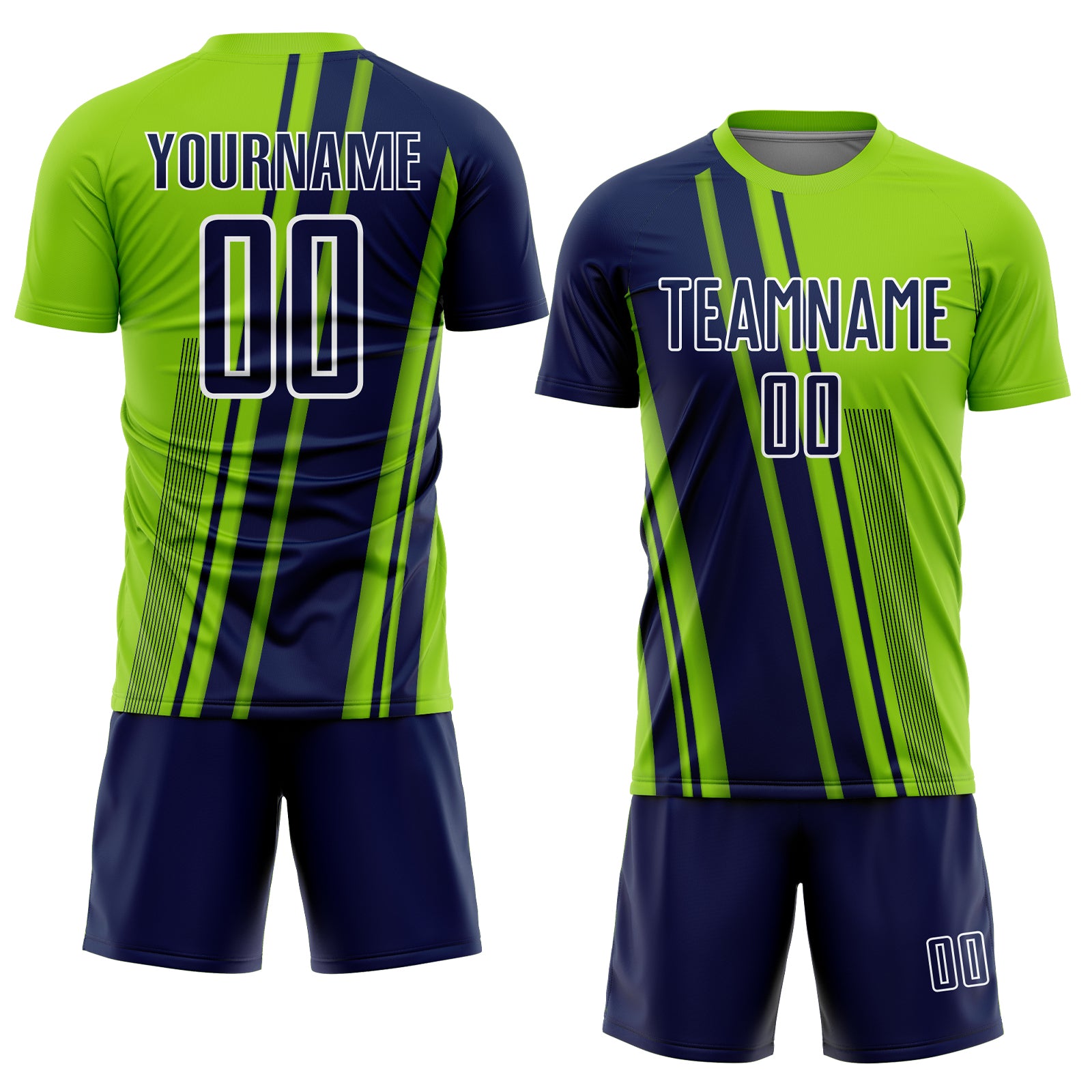 Custom Neon Green Navy-White Lines Sports Sublimation Soccer Uniform Jersey