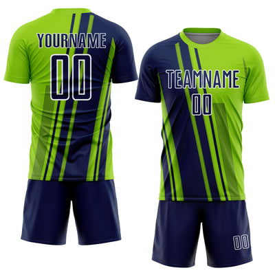 Custom Neon Green Navy-White Lines Sports Sublimation Soccer Uniform Jersey