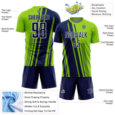 Custom Neon Green Navy-White Lines Sports Sublimation Soccer Uniform Jersey